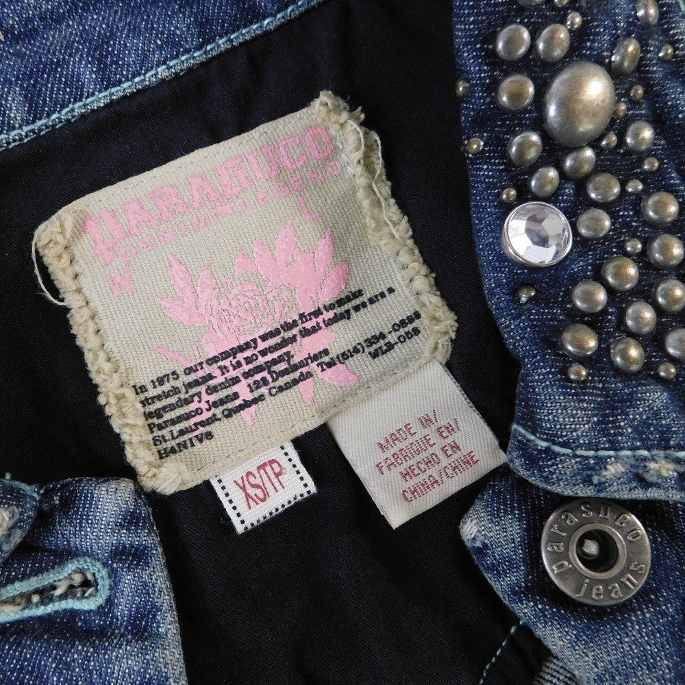PARASUCO Embellished Distressed Denim Jacket Rhinestones Studded Pockets X-Small