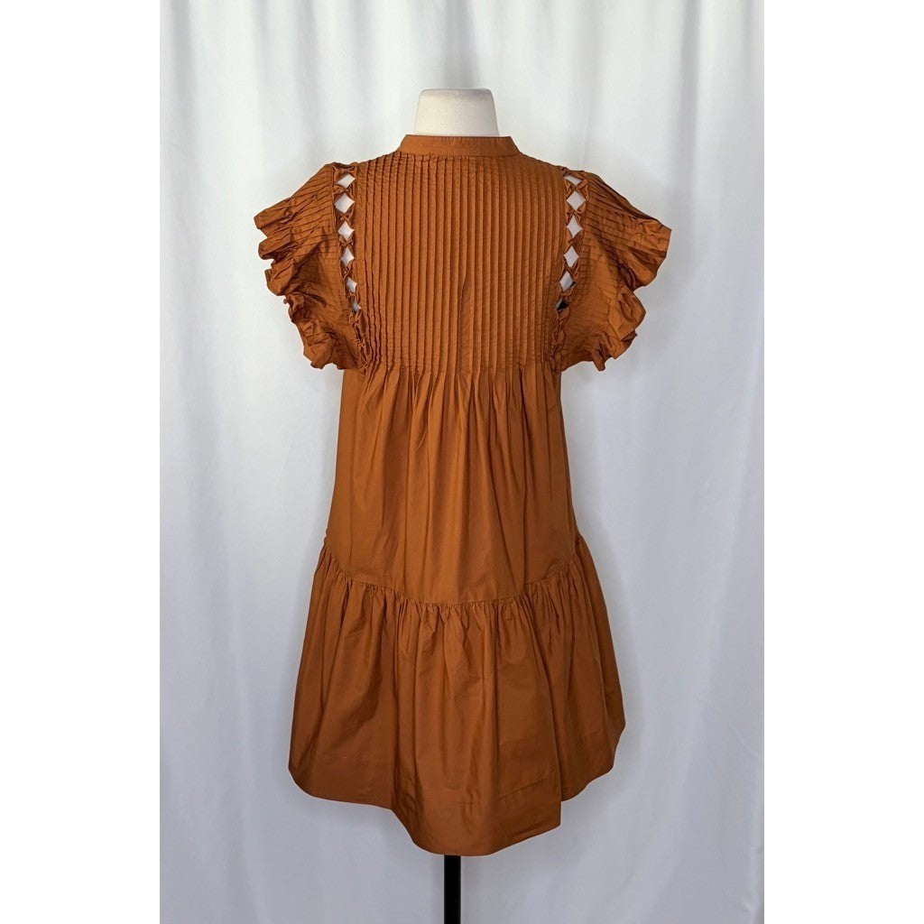 SEA New York Phoebe Ruffled Flutter Sleeve Dress Poplin Pleated Brown Small