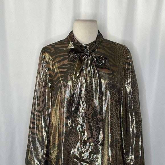 REISS Kendall Metallic Animal Print Tie Neck Blouse Gold Buttondown Size 8