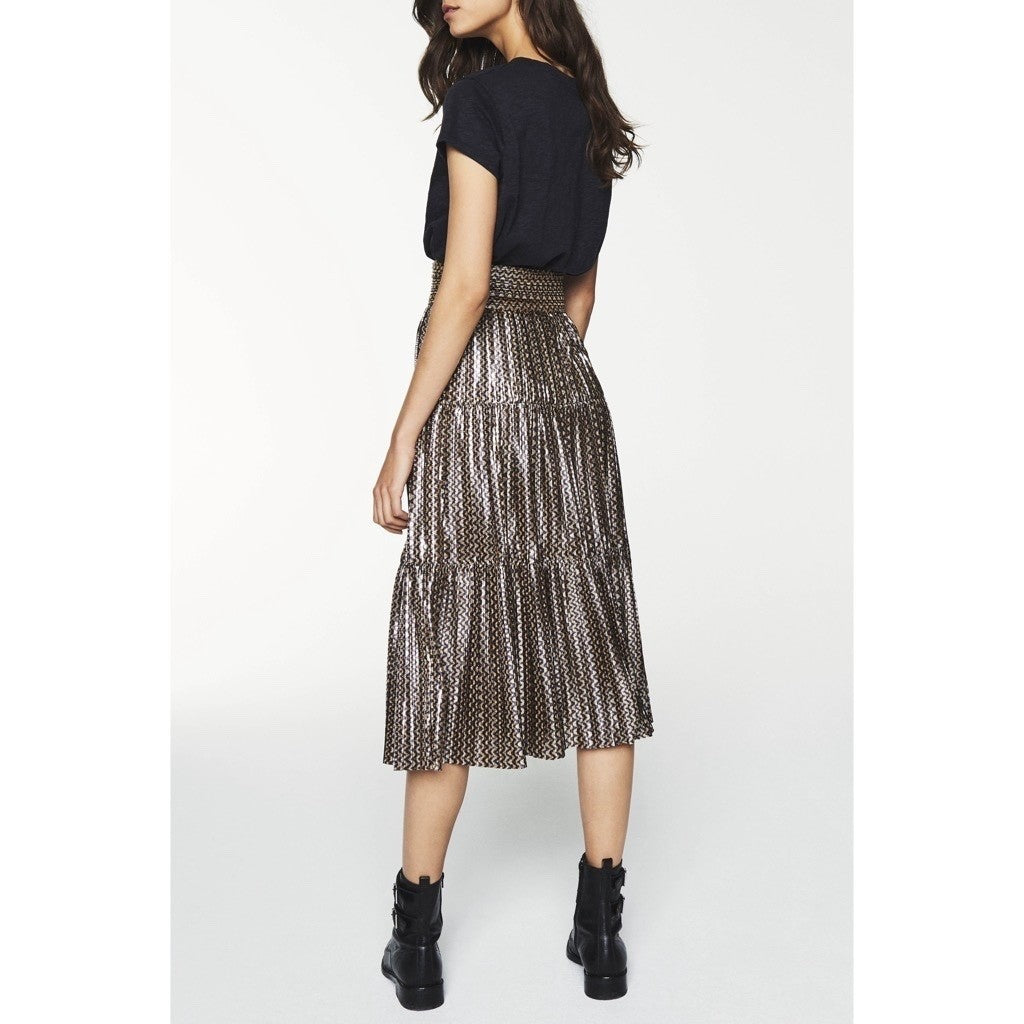 BA&SH Pleated Jupe Poly Midi Skirt Chevron Stripe Foil Metallic Tiered Size 6