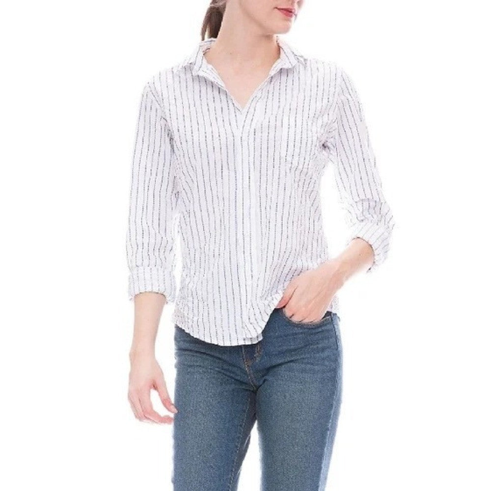 FRANK & EILEEN Crinkle Barry Buttondown Top Blouse White Blue Dotted Small