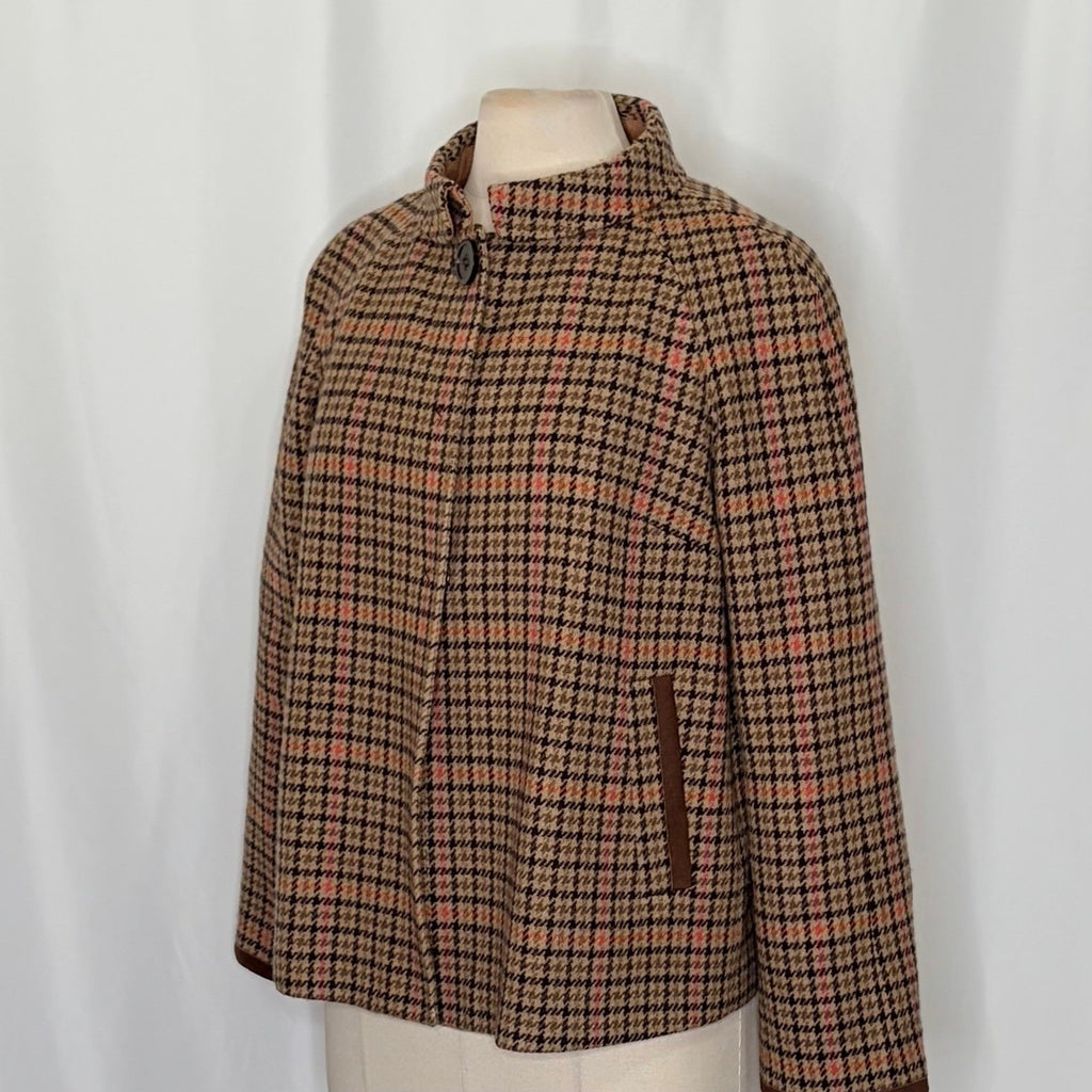 FACONNABLE Wool Plaid Jacket Coat Suede Trims Preppy Academia Swingy Medium