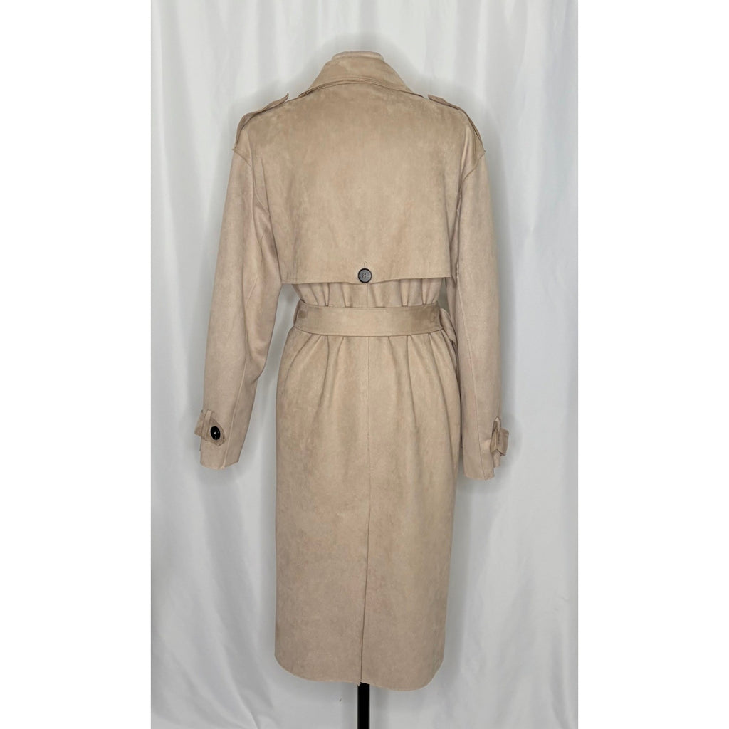 ZARA Faux Suede Trench Coat Belted Jacket Solid Tan Brown Pockets Outdoors Large