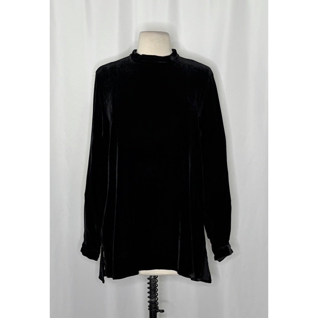 EILEEN FISHER Velvet Mock Neck Top Blouse Solid Black Tunic Pullover X-Small