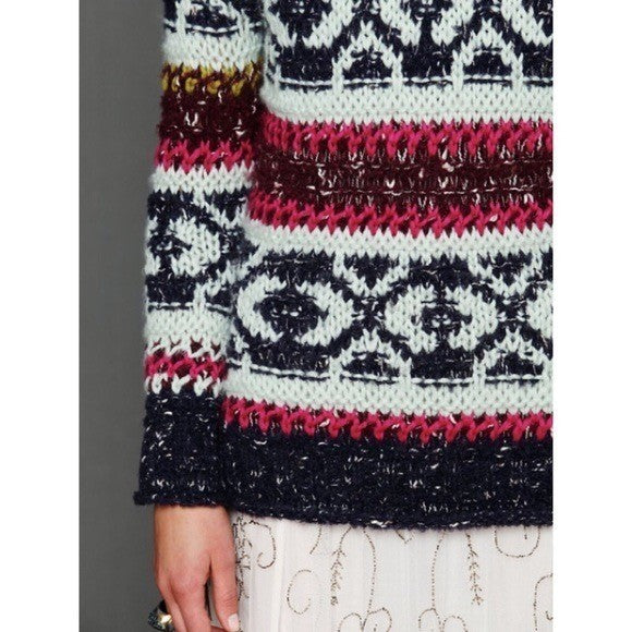 FREE PEOPLE Silver Reed Chunky Knit Fairisle Fair Isle Sweater Wool Linen Small