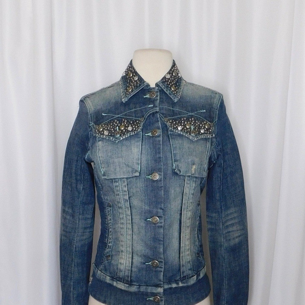 PARASUCO Embellished Distressed Denim Jacket Rhinestones Studded Pockets X-Small