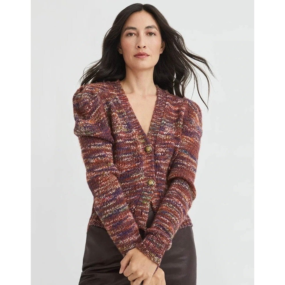 VERONICA BEARD Amosa Wool Cardigan Sweater Marled Puff Sleeves Burgundy Large