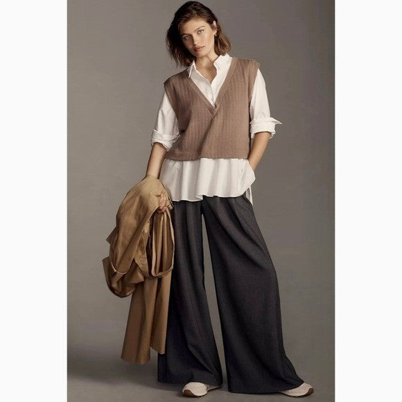 By ANTHROPOLOGIE Twofer Sweater Vest Shirt Blouse Layered Brown White X-Small