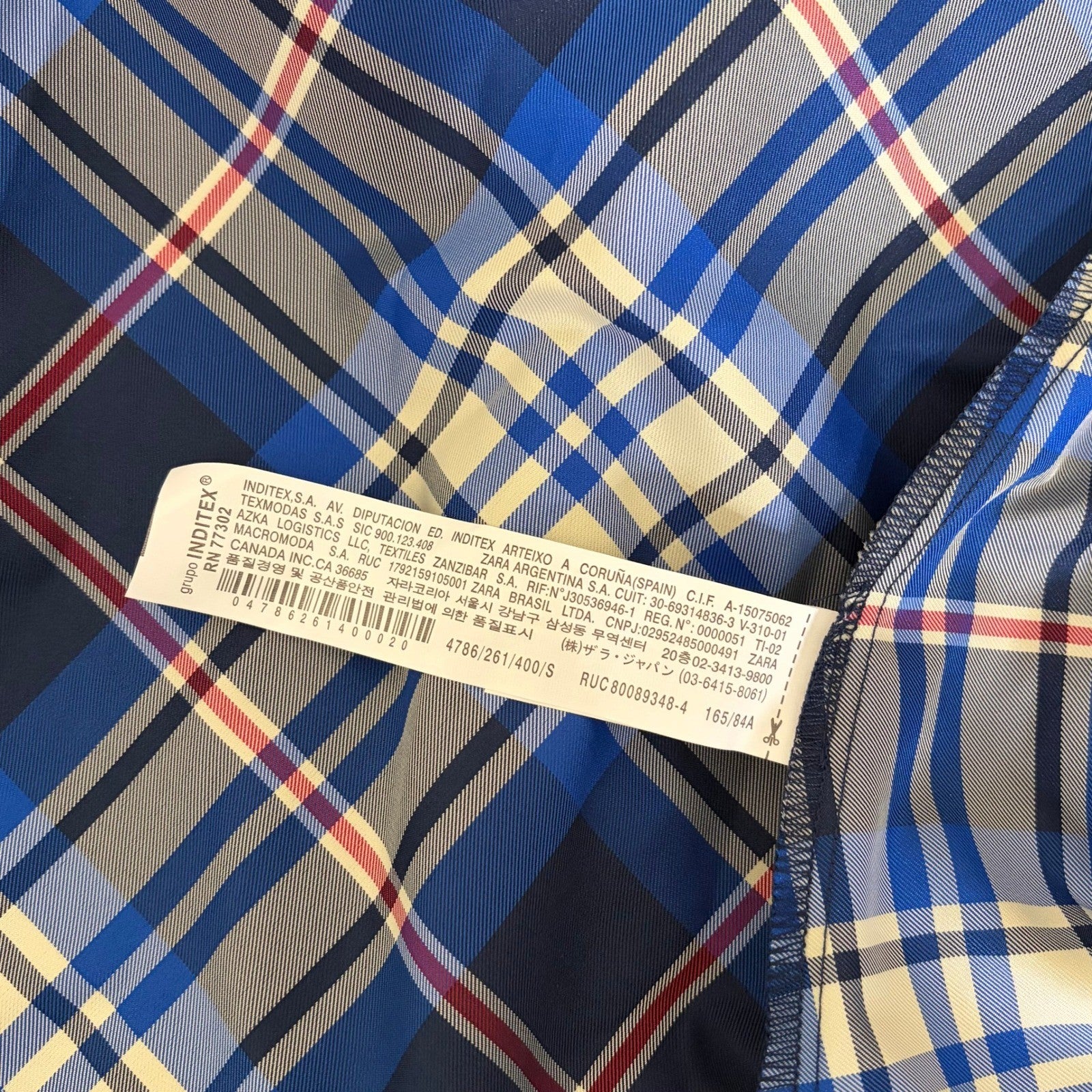 ZARA Blue Plaid Taffeta Dress Belted Tie Waist Midi Buttondown Preppy Small