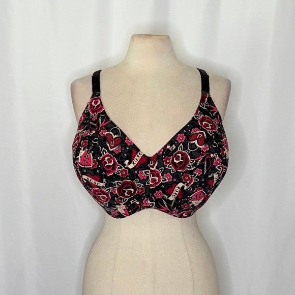 TORRID Curve Dream Tattoo Valentine Floral Hearts Black Wire-Free Bra Size 40H