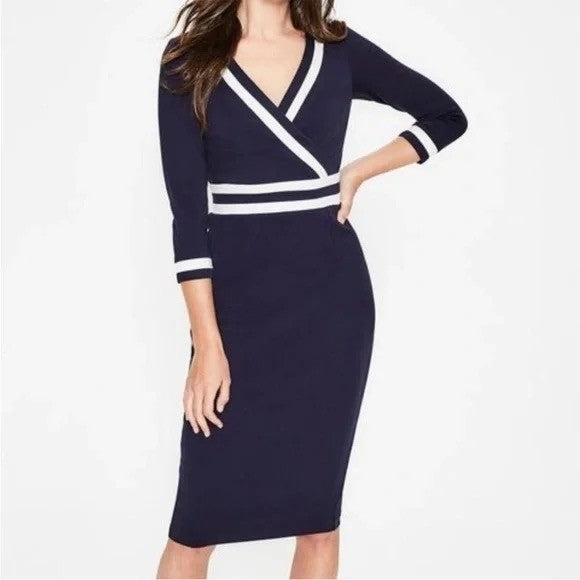 BODEN Nellie Ponte Knit Dress Navy Blue White Preppy Nautical Modest Size 4