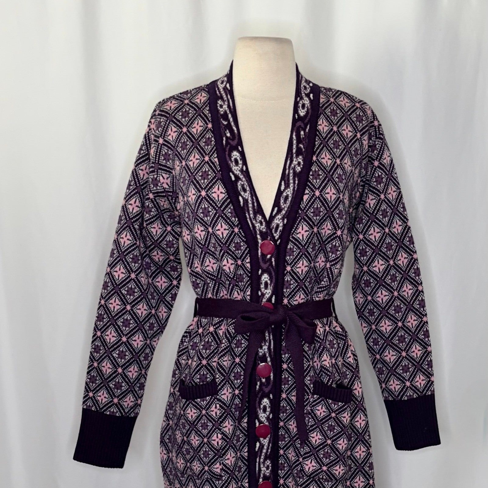 COSY WOOL by Elson Purple Geometric Cardigan Sweater Belted Tie Waist Size 38