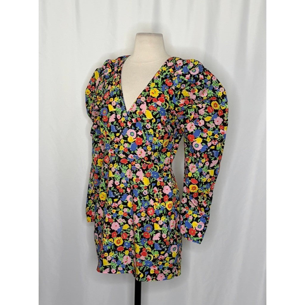ZARA Bright Floral Mini Dress Statement Puffed Sleeves Spring Summer Black Small