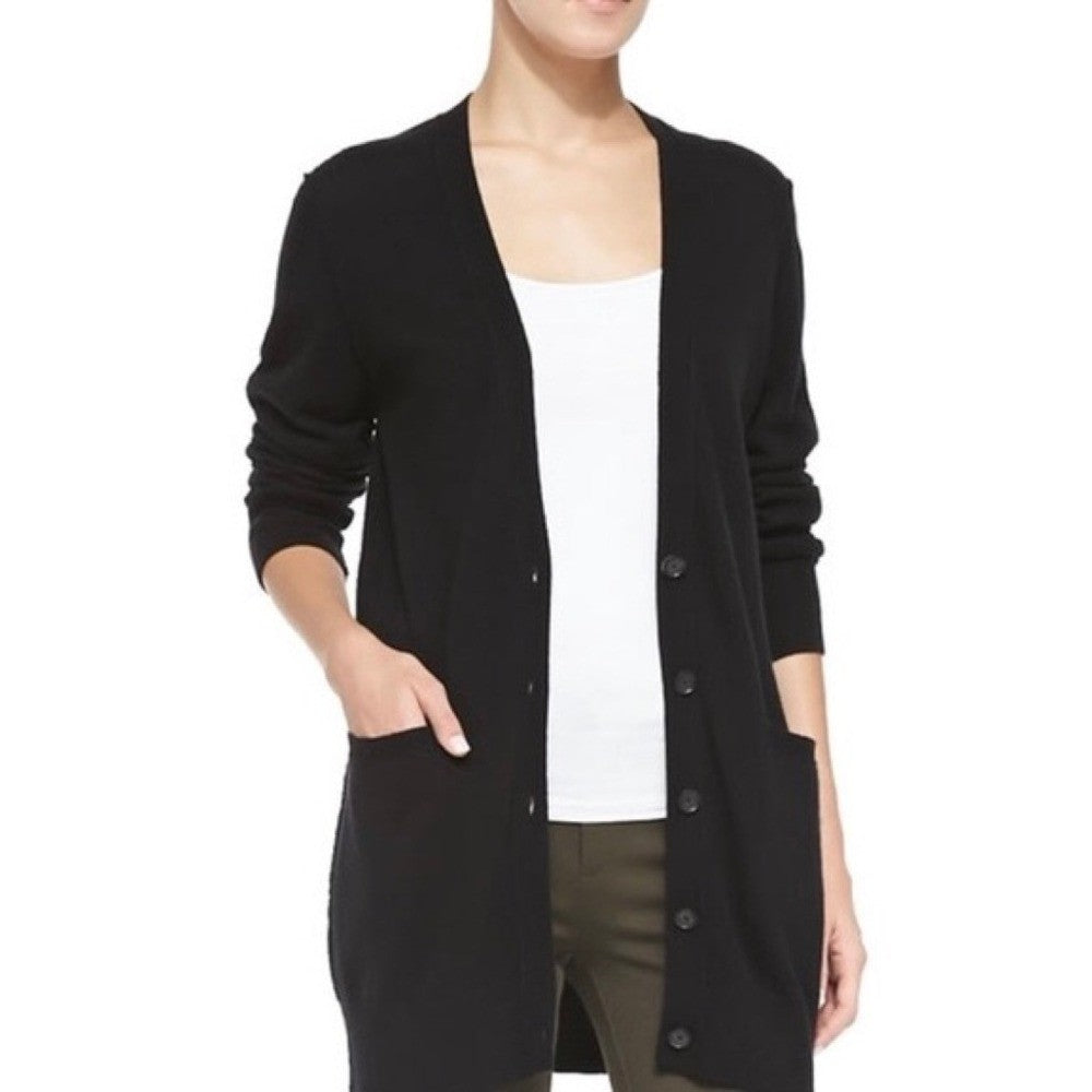 Revolve VINCE Cashmere Longline Button V Cardigan Sweater Solid Black Pockets XS