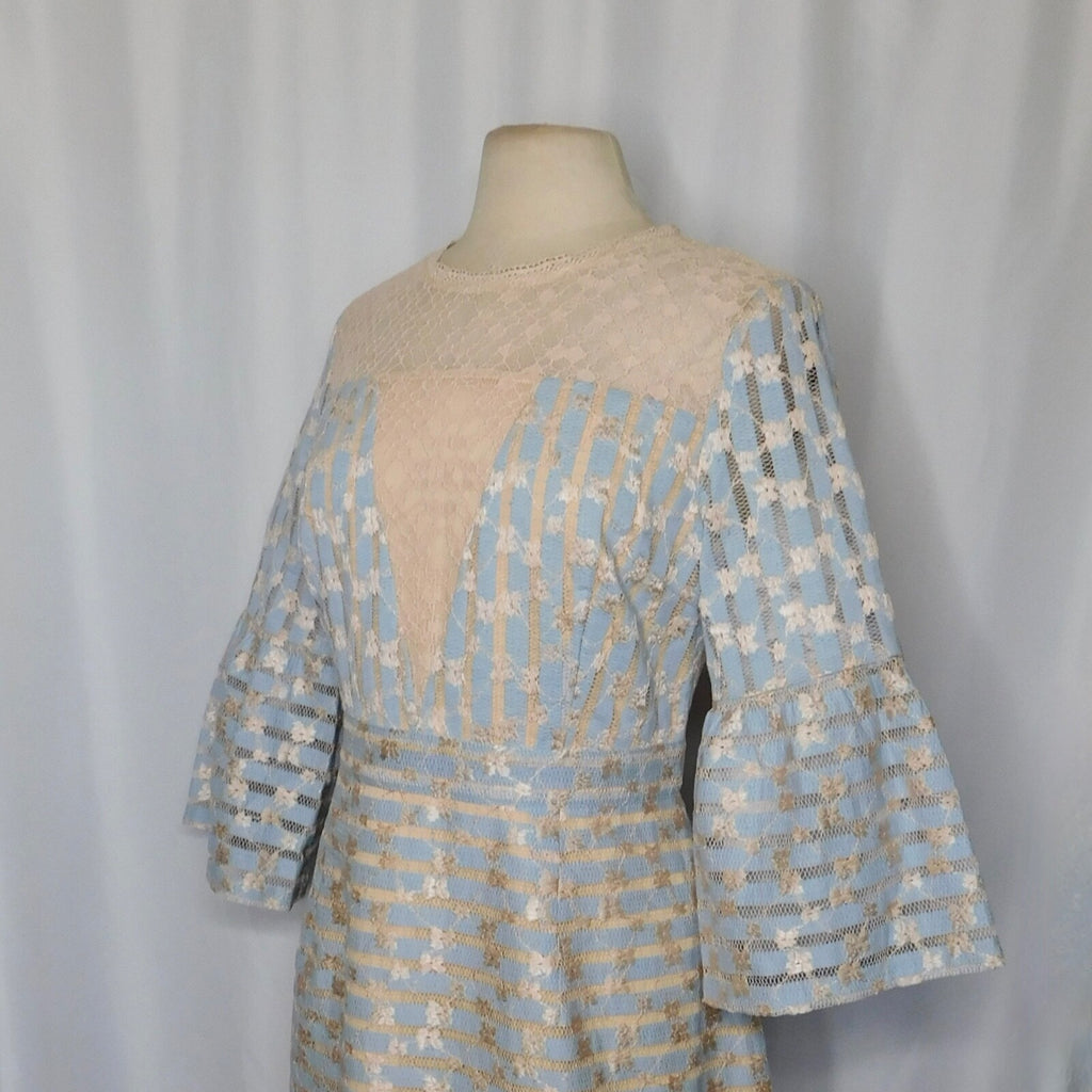 FOXIEDOX Cordelia Bell Sleeve Lace Dress Blue Floral Lace Coquette X-Large