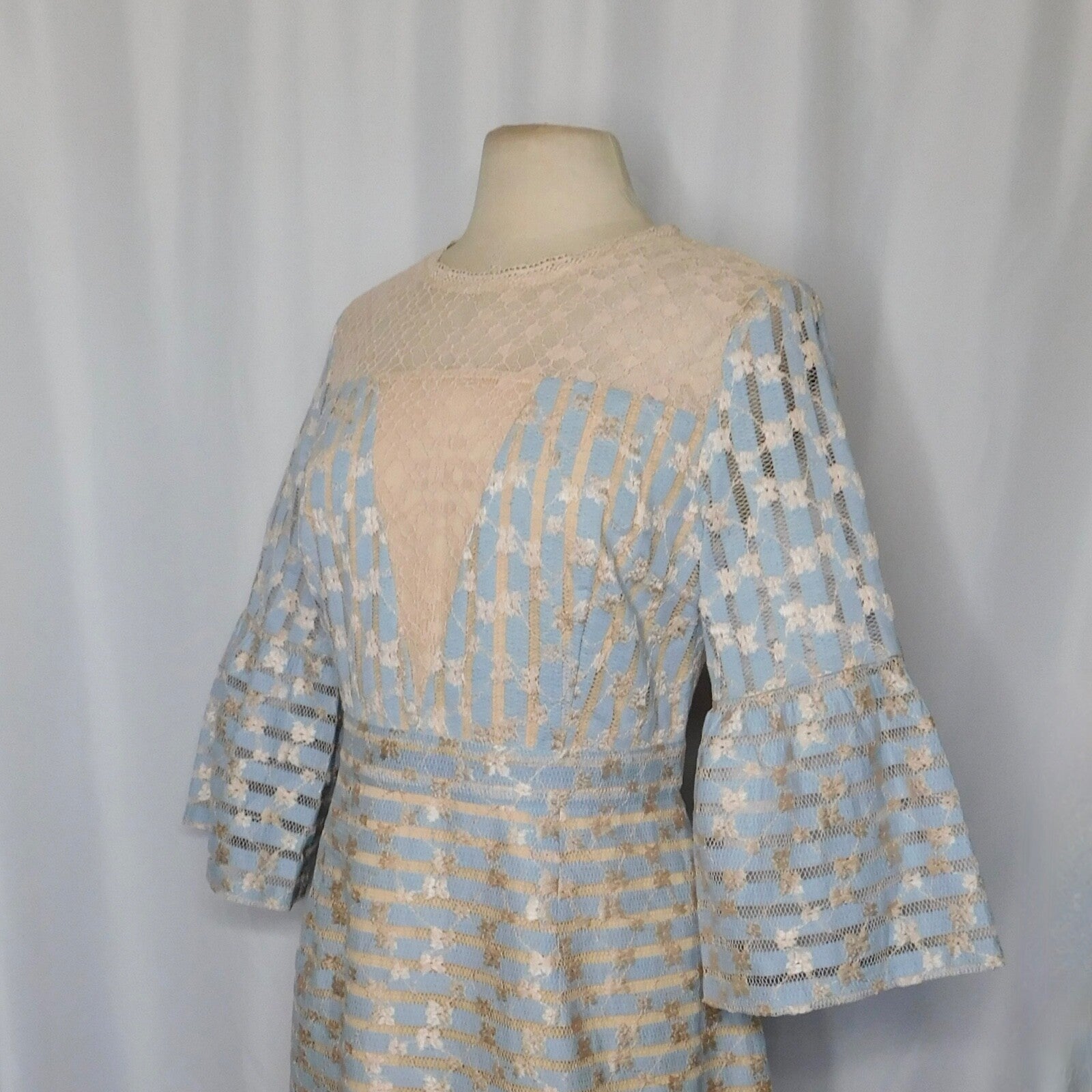 FOXIEDOX Cordelia Bell Sleeve Lace Dress Blue Floral Lace Coquette X-Large