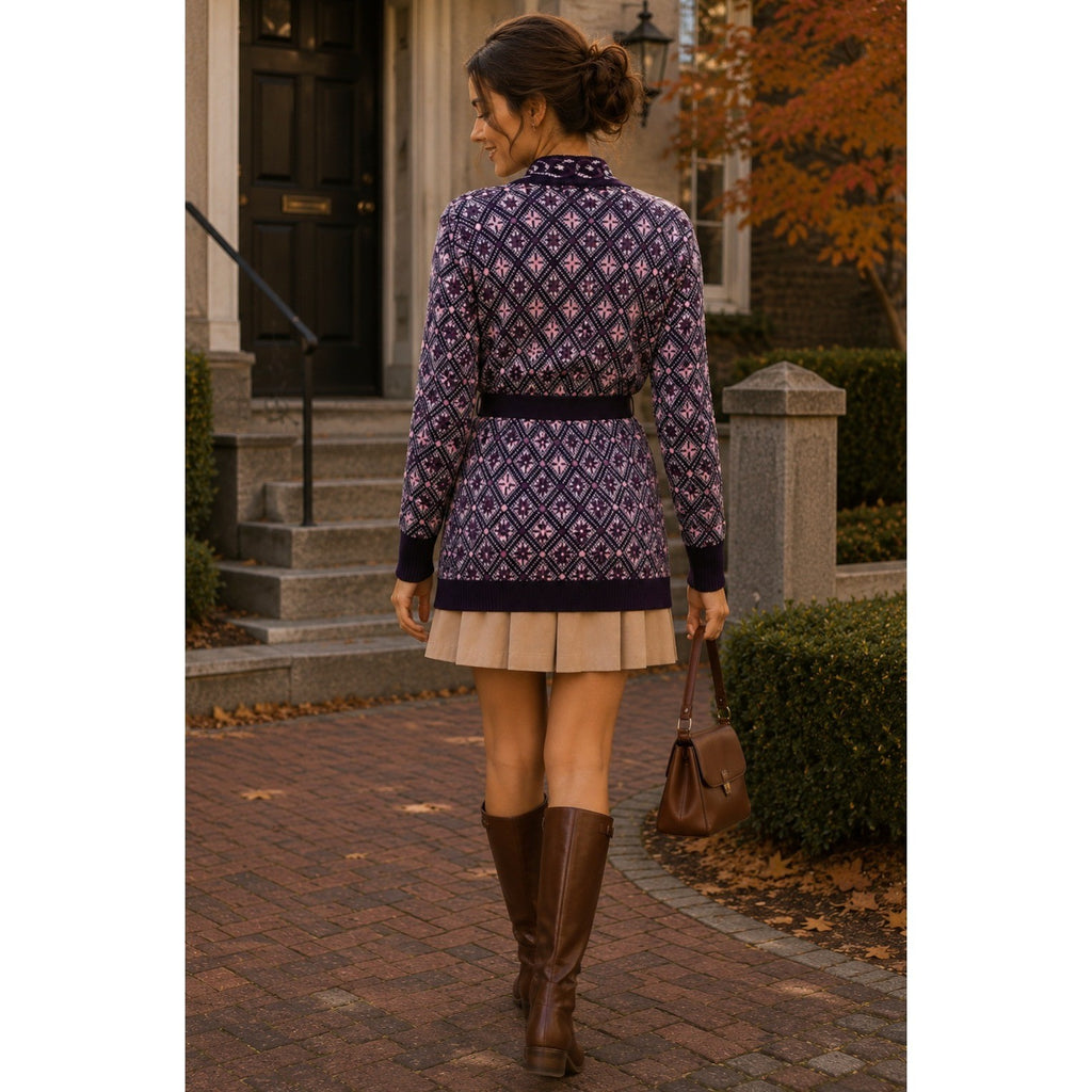 COSY WOOL by Elson Purple Geometric Cardigan Sweater Belted Tie Waist Size 38