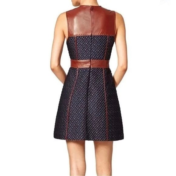 THEORY Calvino Mixed Media Tweed Lamb Leather Dress Brown Blue Fit and Flare 6