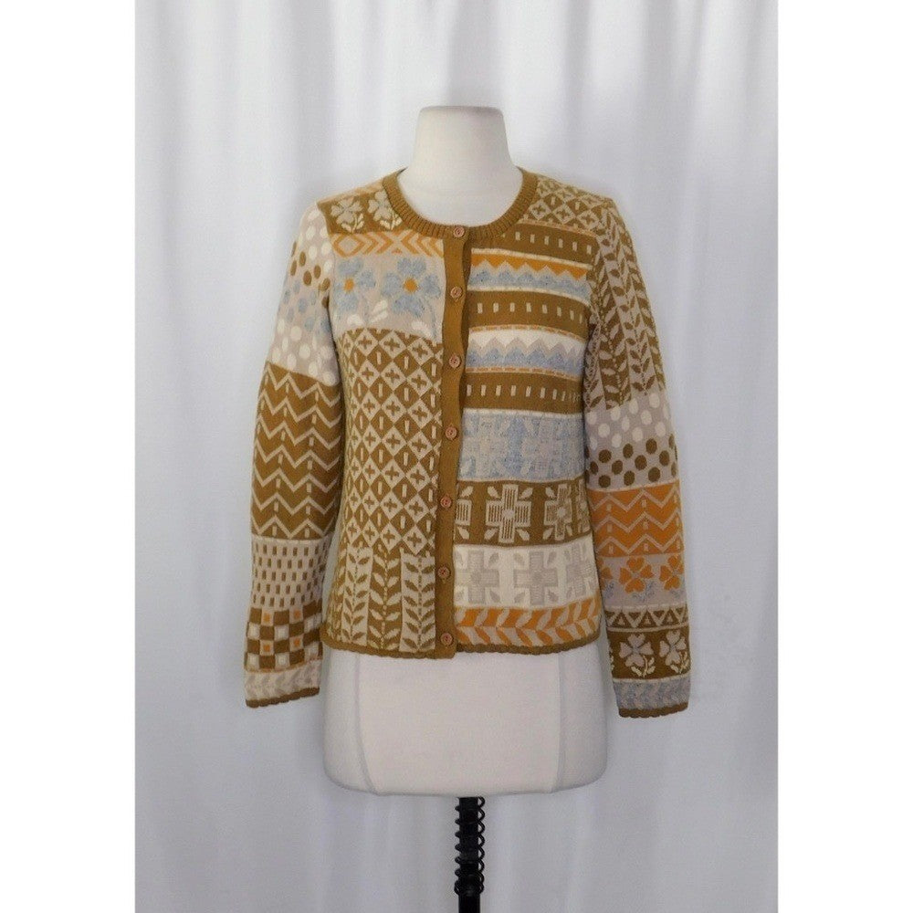 GUDRUN SJODEN Floral Patchwork Cardigan Sweater Wool Buttons Retro X-Small