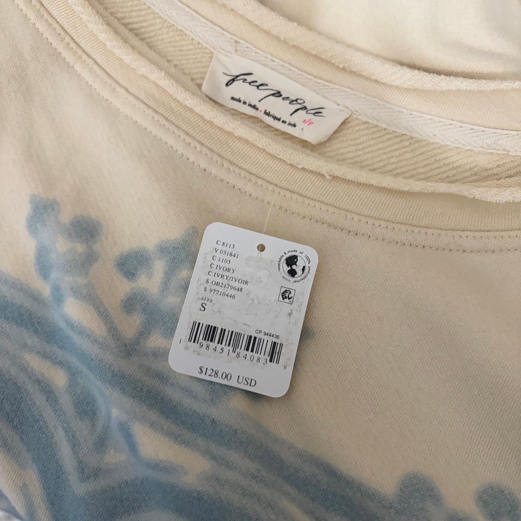 NWT!! FREE PEOPLE Doily Sweatshirt Heart Ivory Blue Eyelet Lace Bohemian Small