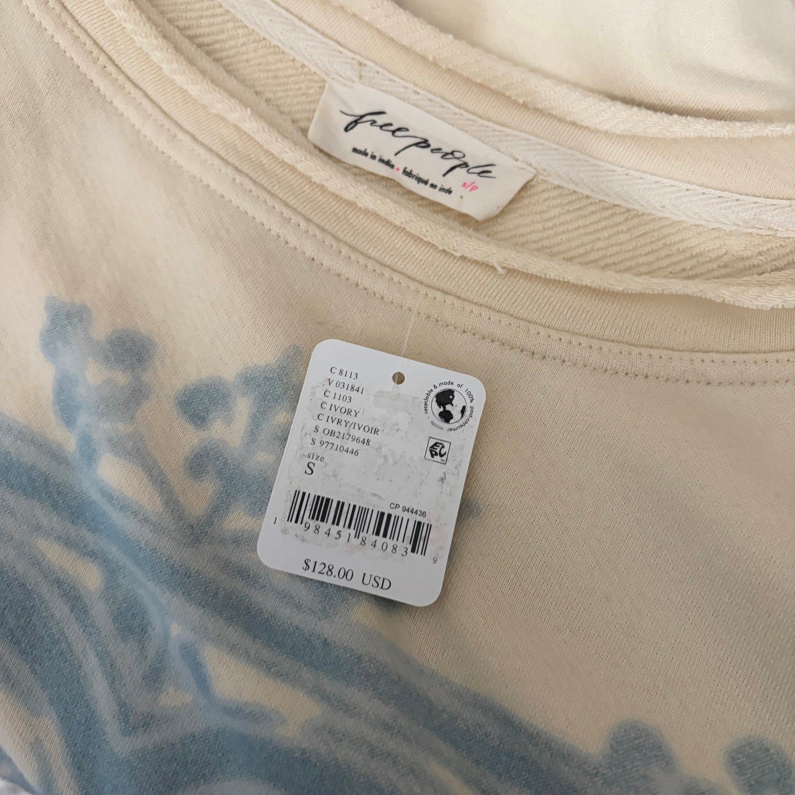 NWT!! FREE PEOPLE Doily Sweatshirt Heart Ivory Blue Eyelet Lace Bohemian Small
