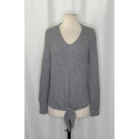 By ANTHROPOLOGIE Rocio Ribbed Tie Front Sweater Solid Gray V Neck Knit Medium