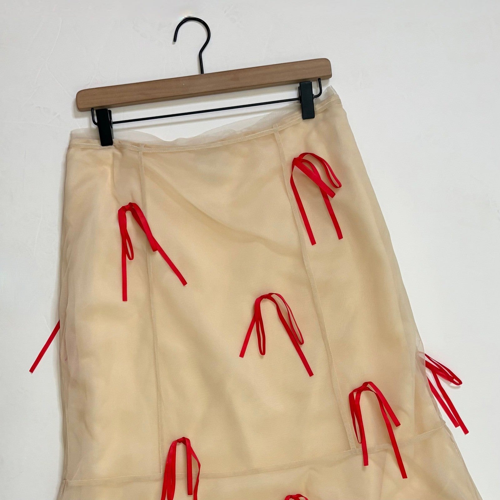 Anthropologie MAEVE Ribbon Pencil Midi Skirt Tulle Ivory Red Coquette 12 Petite