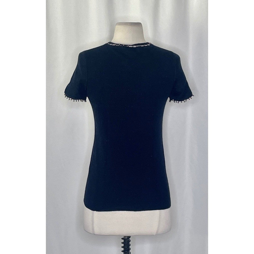 ELIE TAHARI Black Merino Wool Beaded Studded Short Sleeve Sweater Knitwear Small