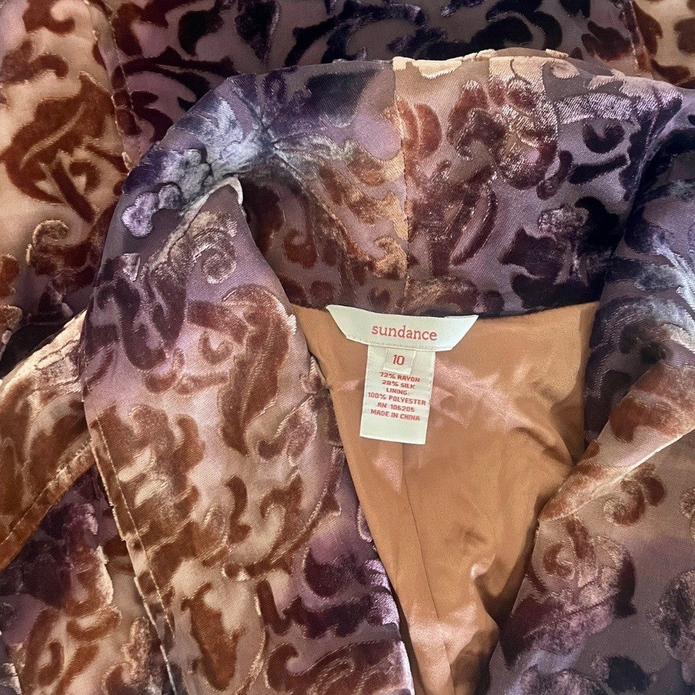 SUNDANCE Firelight Silk Velvet Blazer Jacket Damask Burnout Brown Purple Size 10
