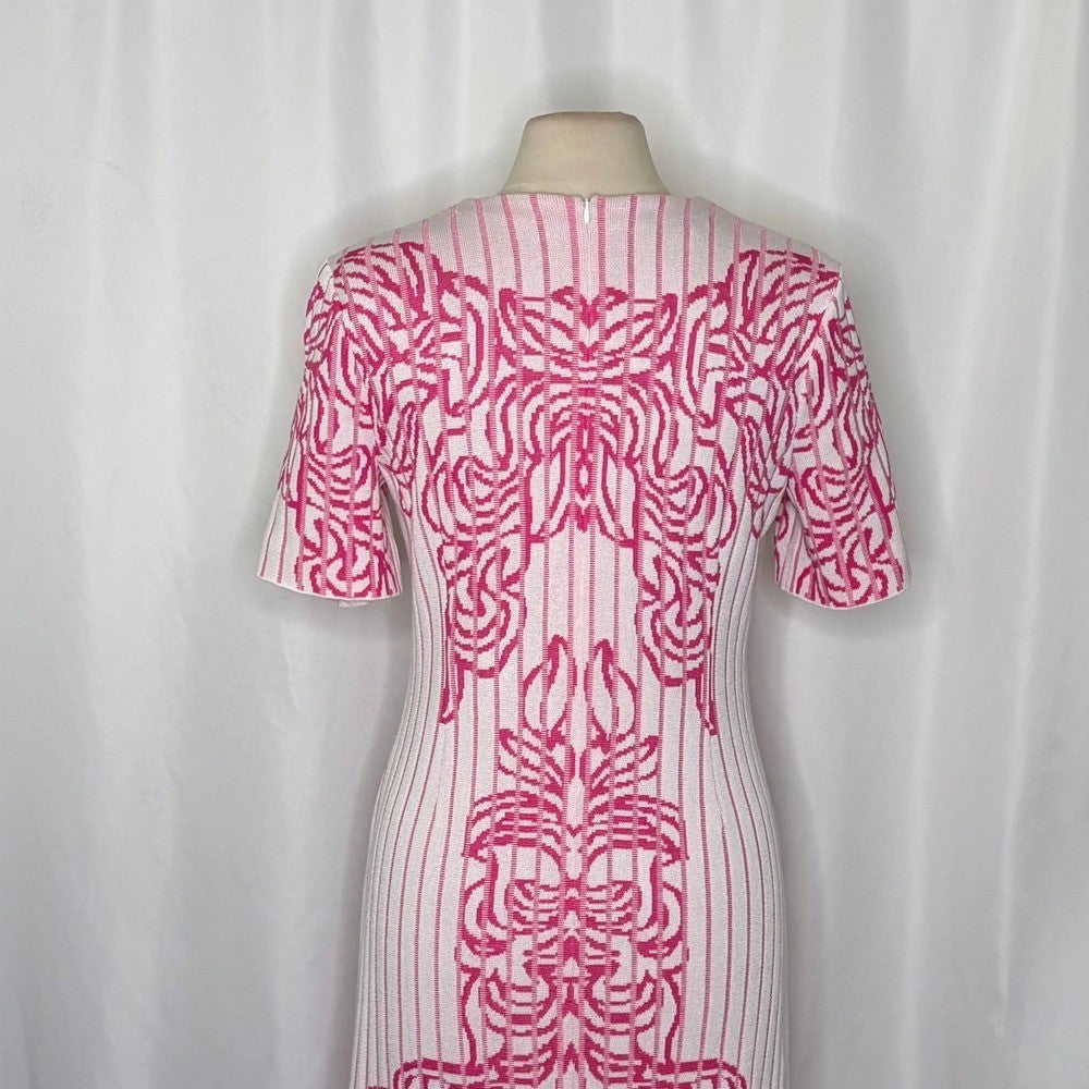 MING WANG Jacquard Rib Dress White Carmine Rose Floral Knit Preppy Office Small