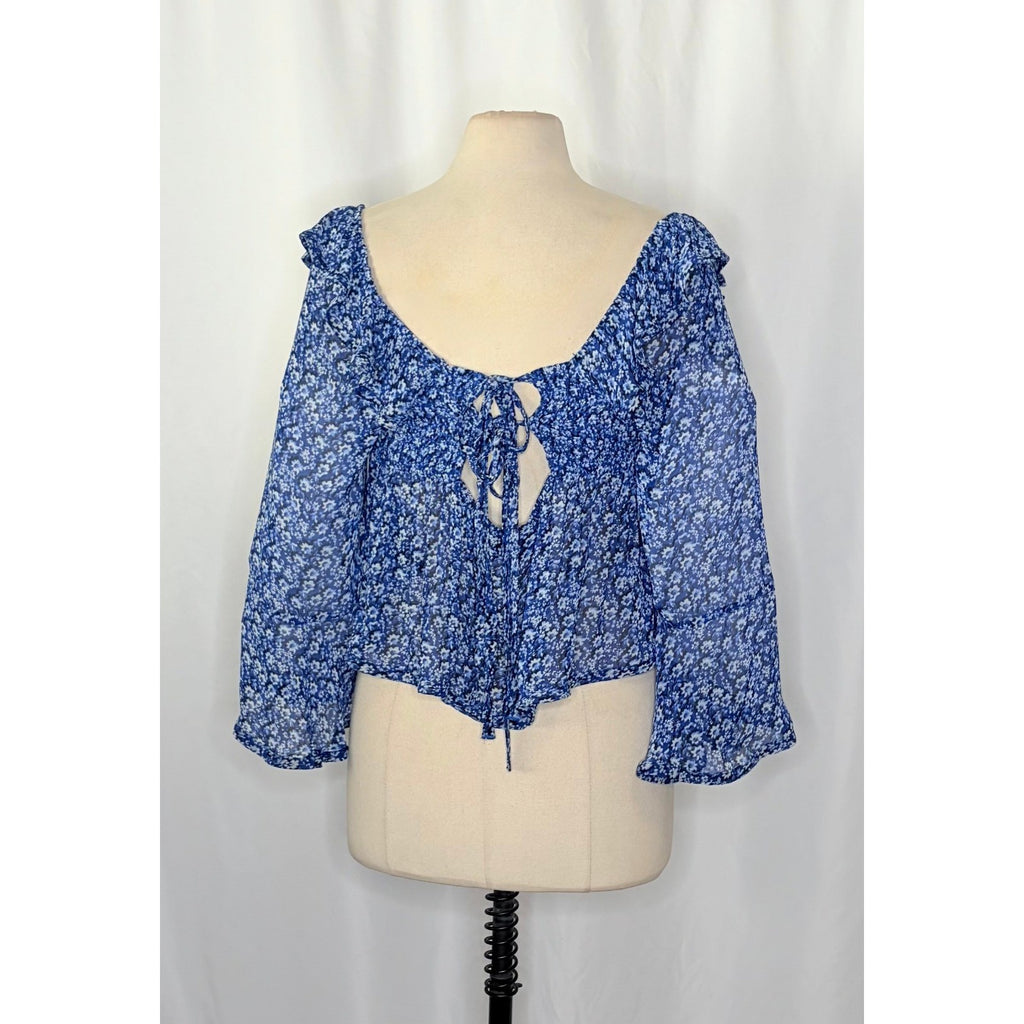 Anthropologie MAEVE Square Neck Sheer Babydoll Top Blue White Floral Large