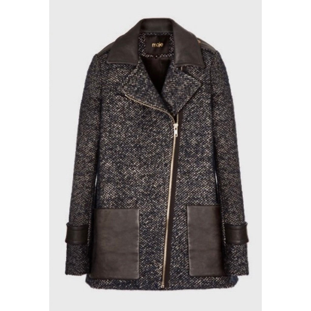 MAJE Ribiera Leather Tweed Coat Moto Inspired Pockets Zipper Size 38 US Medium
