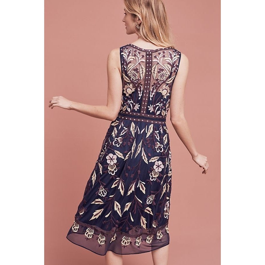 Anthropologie MOULINETTE SOEURS Alicante Floral Embroidered Dress Studded Size 8