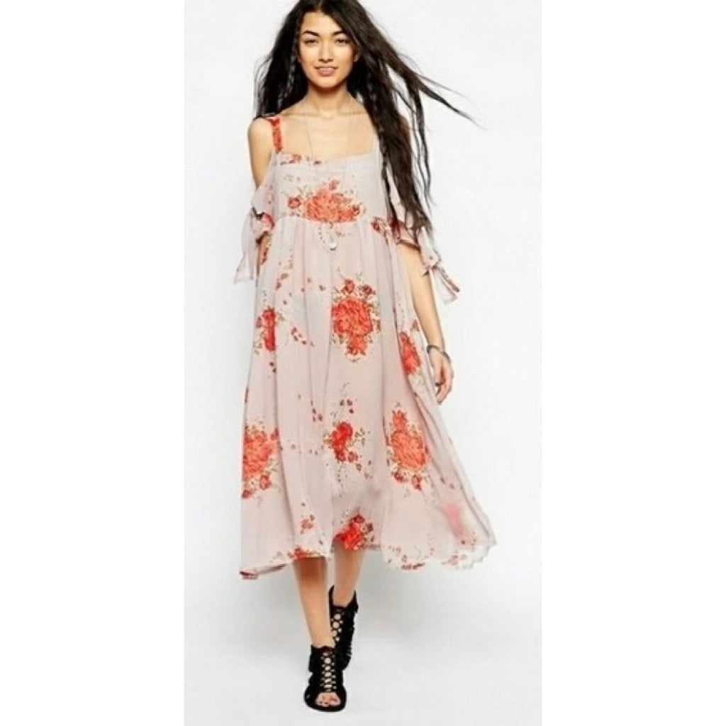 FREE PEOPLE Tied To You Floral Midi Dress Sand Combo Chiffon Bohemian Small