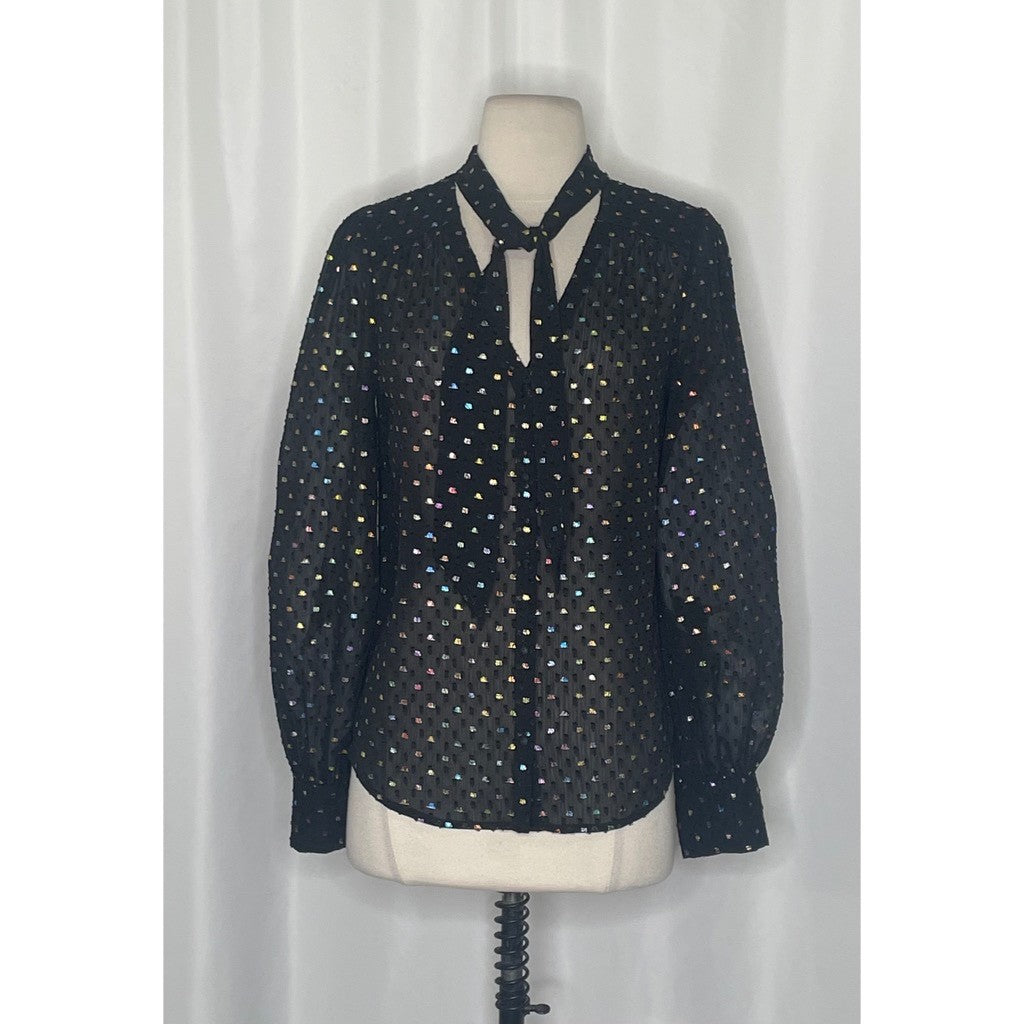NWT!! PAIGE Cleobelle Black Metallic Tie Neck Top Blouse Rainbow Clip Dot XS
