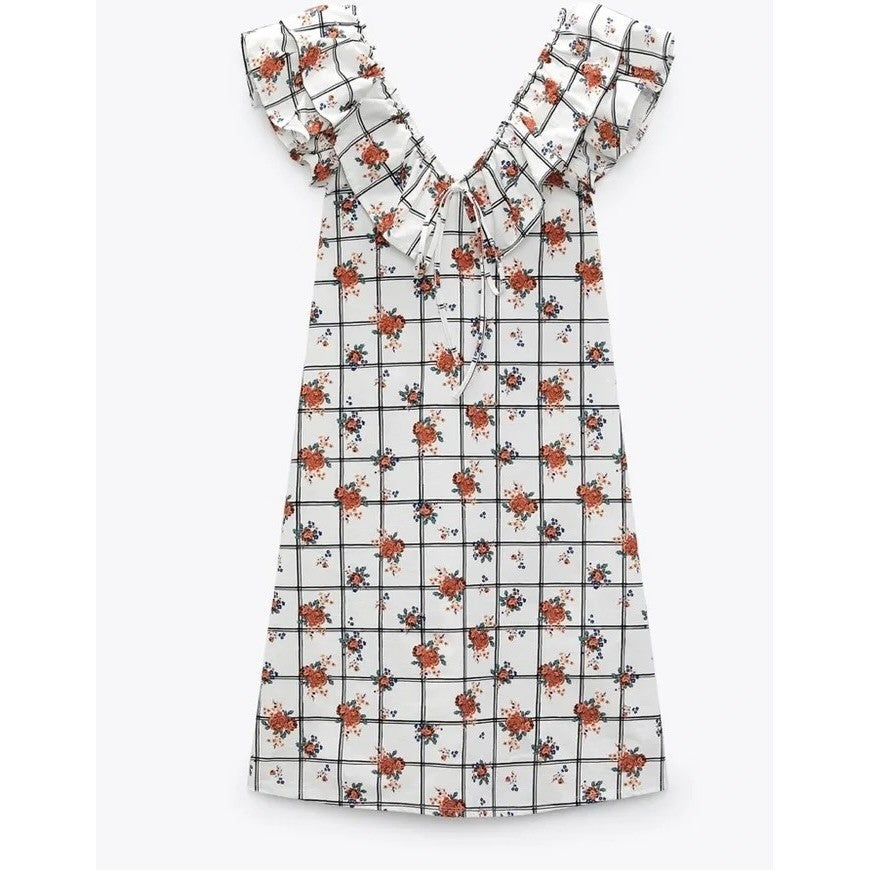 NWT!! ZARA Floral Plaid Lattice Ruffle Sleeve Dress Shift Blogger Favorite Large