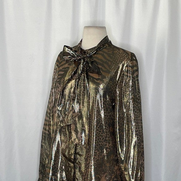REISS Kendall Metallic Animal Print Tie Neck Blouse Gold Buttondown Size 8