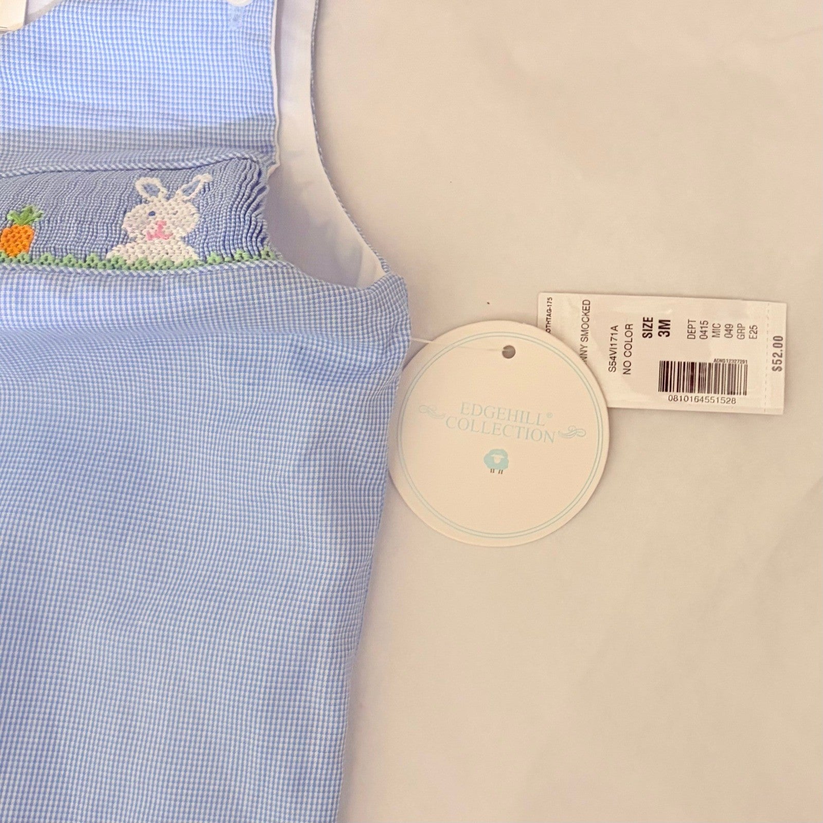 NWT!! EDGEHILL COLLECTION Smocked Bunny Gingham Plaid Romper Blue 3 Months