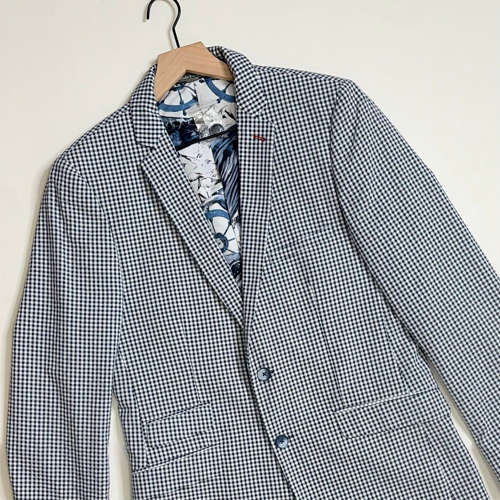 NEW! PAISLEY & GRAY Gingham Peak Two Button Blazer Blue White Nautical Lined 40R
