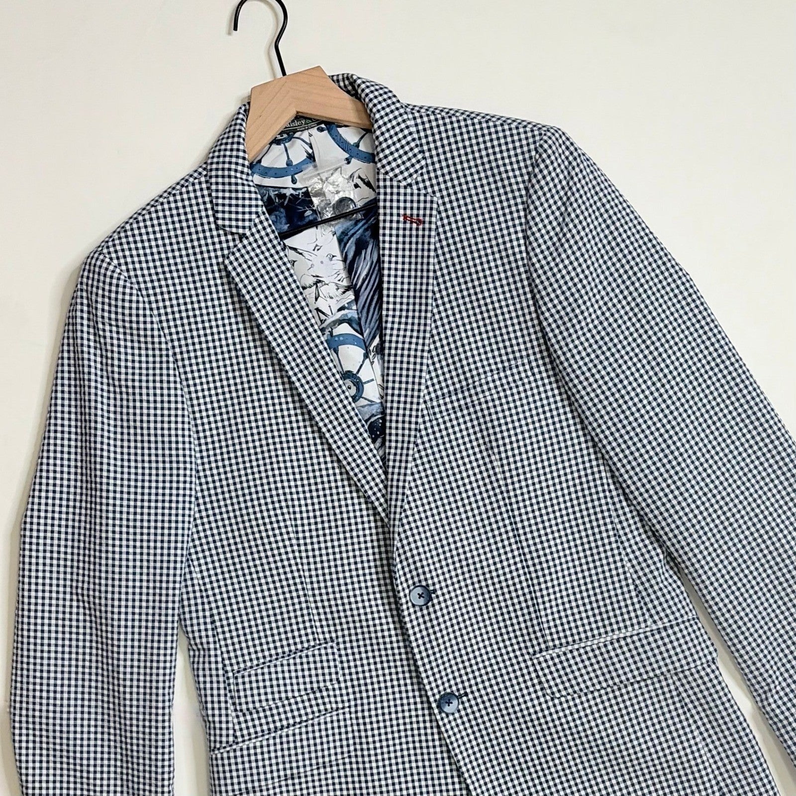 NEW! PAISLEY & GRAY Gingham Peak Two Button Blazer Blue White Nautical Lined 40R