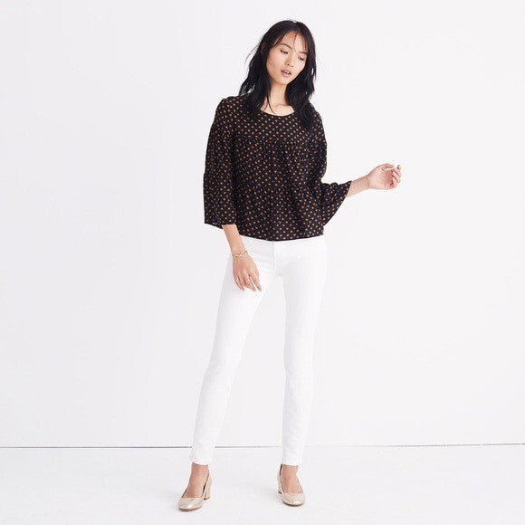 MADEWELL Silk Black Gold Heart Flip Button Back Tiered Top Blouse X-Small