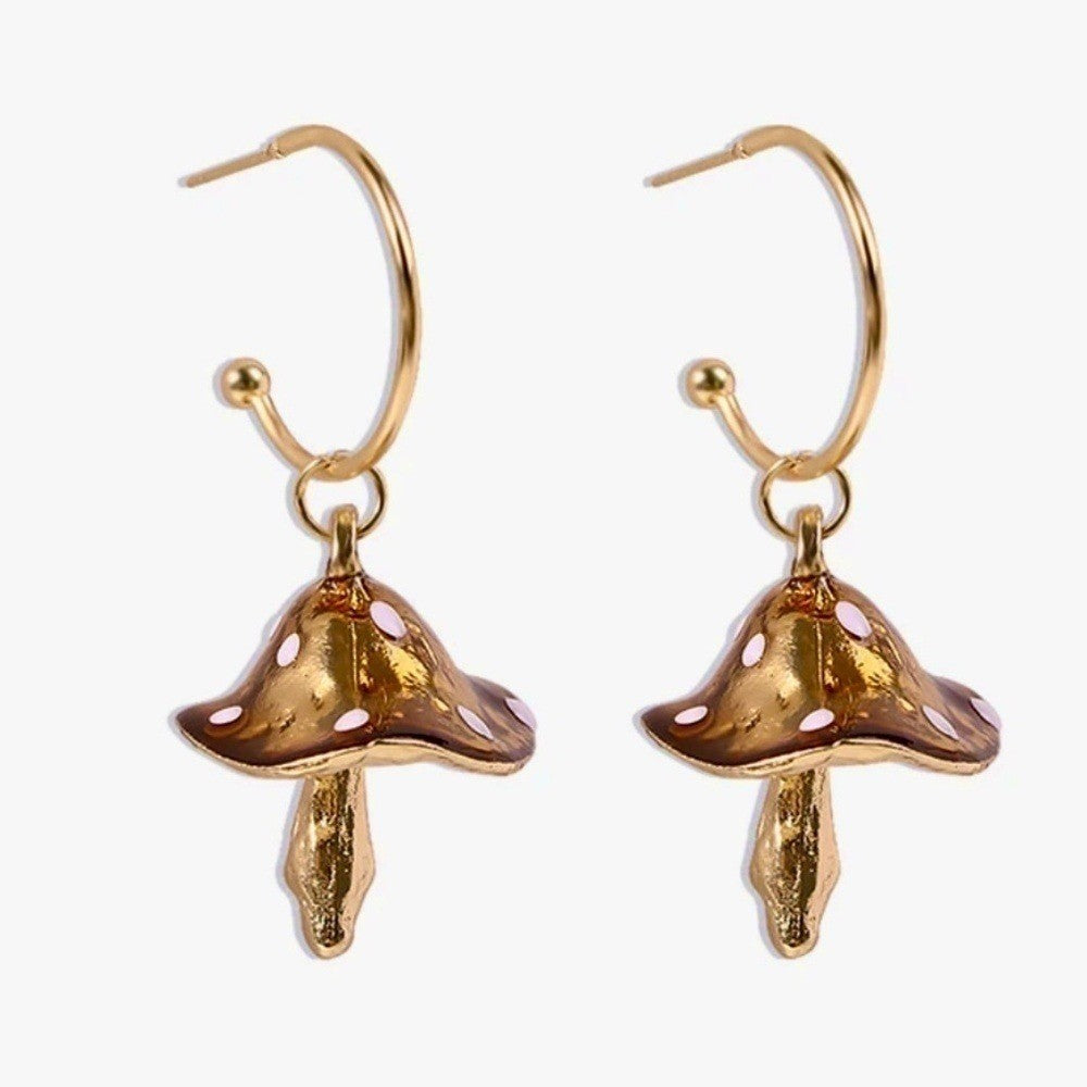 NEW Dotted Mushroom Gold Metallic Earrings Mushrooms Dangle Dangling Toadstools