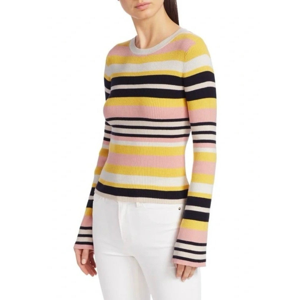FRAME Denim Baja Citrine Stripe Sweater Cashmere Ribbed Knit Flare Sleeves Small