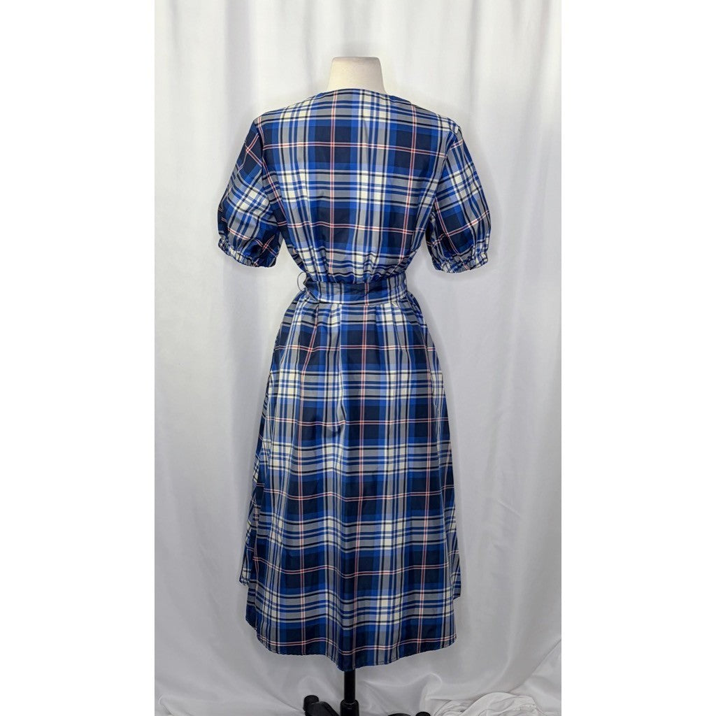 ZARA Blue Plaid Taffeta Dress Belted Tie Waist Midi Buttondown Preppy Small