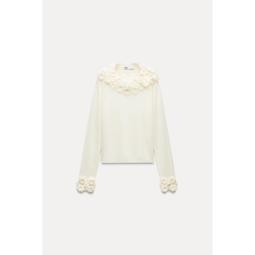 ZARA Alpaca Wool Ecru Crochet Flower Appliqué Sweater Blogger Favorite Small