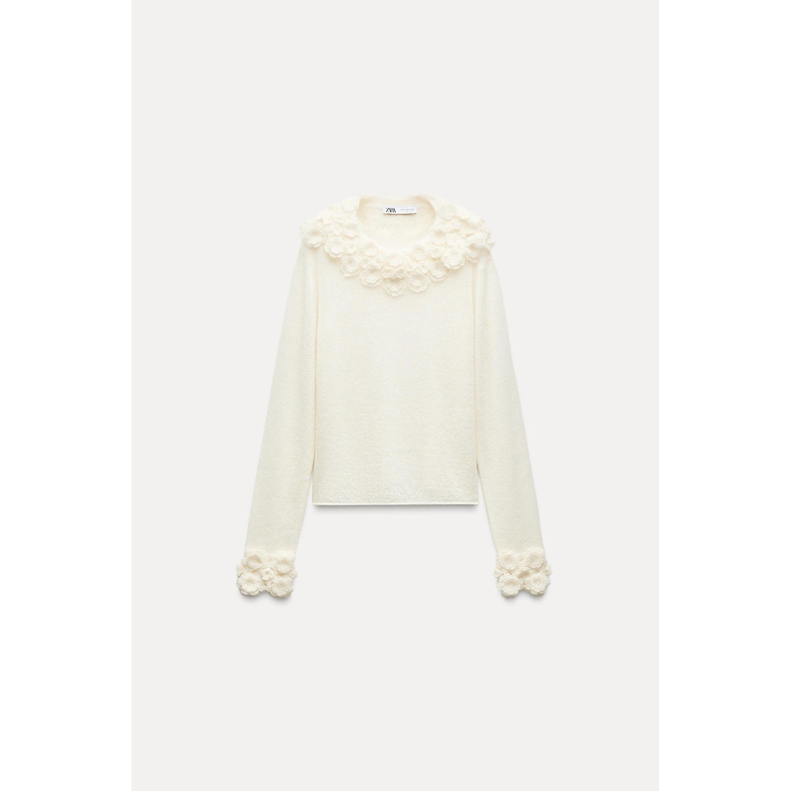 ZARA Alpaca Wool Ecru Crochet Flower Appliqué Sweater Blogger Favorite Small