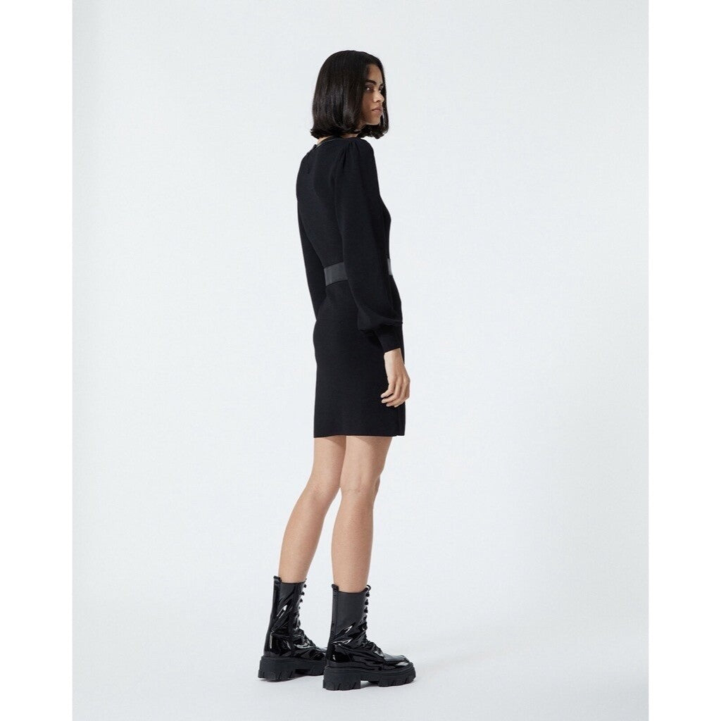 THE KOOPLES Black Knit Faux Leather Trimmed Dress Puff Sleeves Size 3 / Large