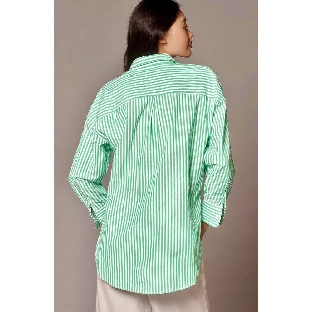 Anthropologie MAEVE The Bennet Green Stripe Buttondown Shirt Top Medium