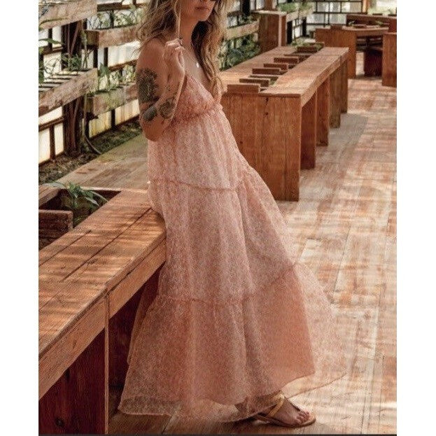 ZARA Organza Pink Peach Floral Maxi Dress Tiered Sundress Summer Vacation Medium