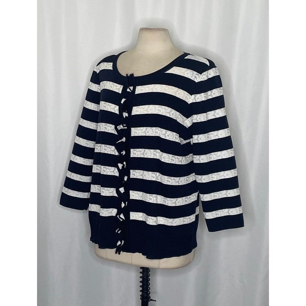 Exclusively MISOOK Navy Blue White Striped Cardigan Sweater Ruffled X-Large